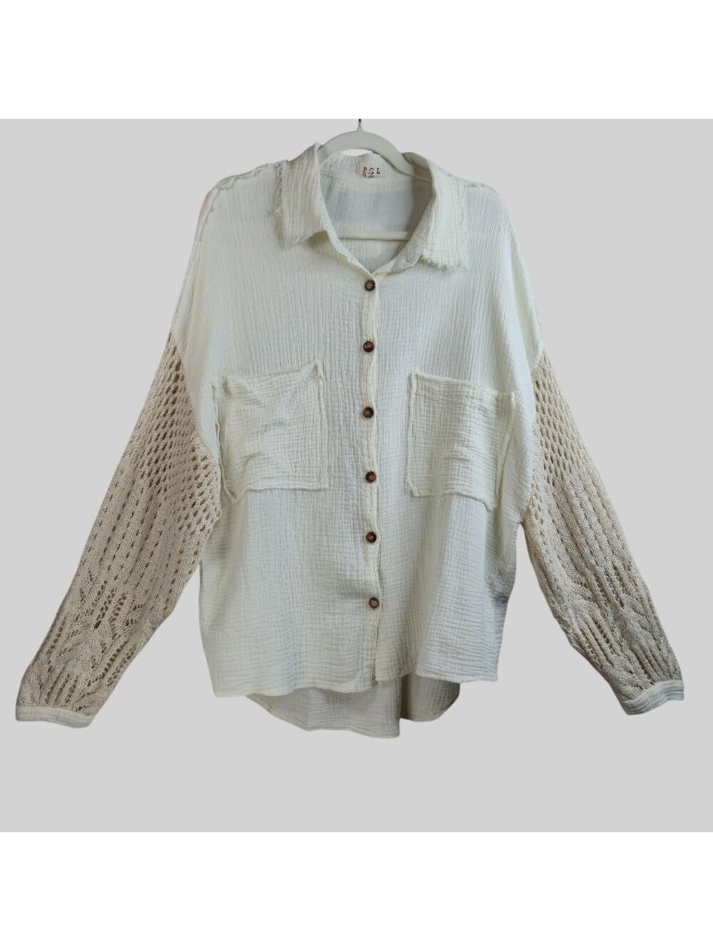 POL Oversized Slouchy Crochet Button Shirt M Cream White Gauze Long Sleeve Shirt